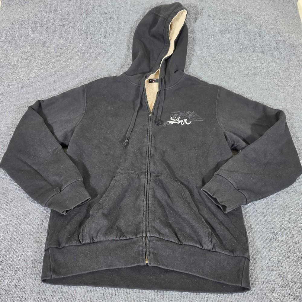 Quiksilver Mens Sherpa Lined Full Zip Hoodie Black Graphic Logo Size Medium